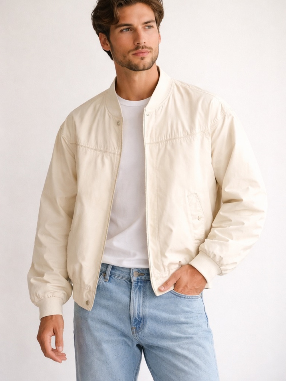 Vintage Munsingwear Cream Bomber Jacket Women’s M Snap Button Lightweight Retro